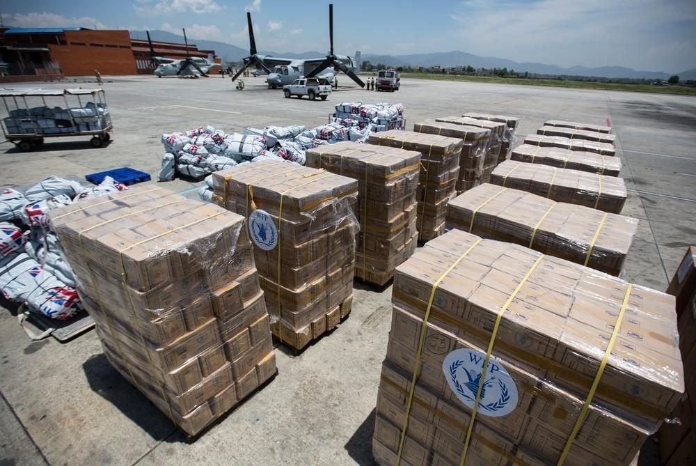 Pallets of humanitarian relief supplies at Kathmandu airport in Nepal