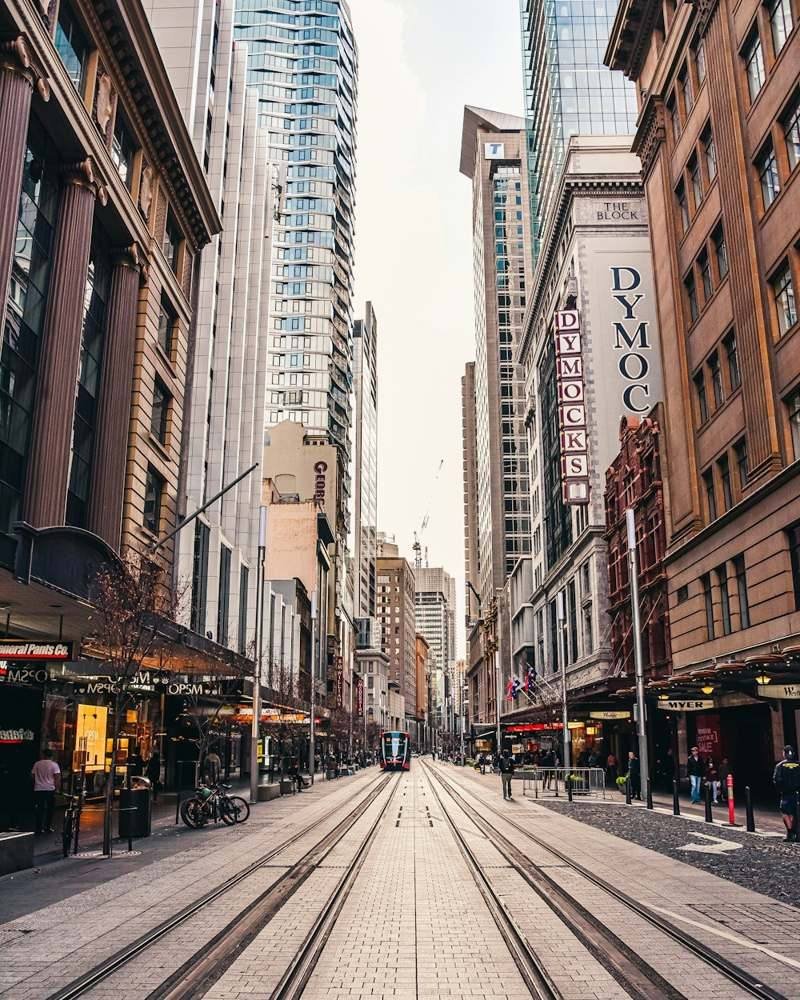 George Street in Sydney's central business district with pedestrians and office buildings