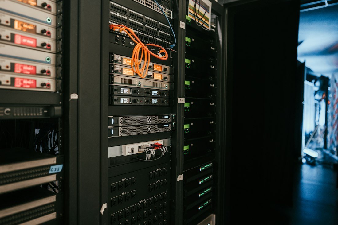 Server racks and network equipment in a server room