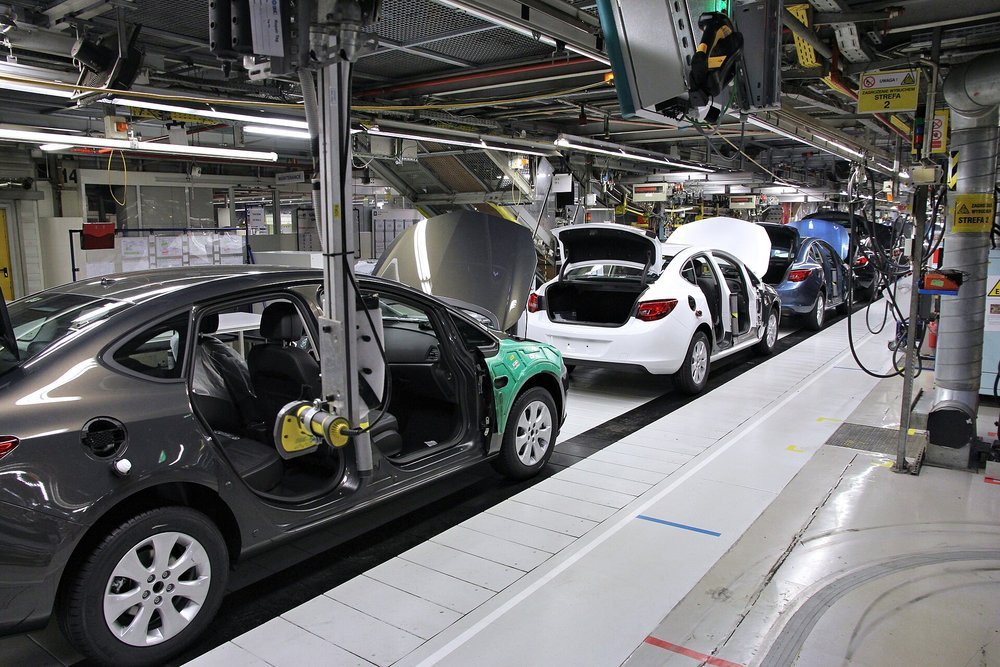 Car factory assembly line. Opel Astra J manufactured in General Motors Manufacturing Poland plant in Gliwice.